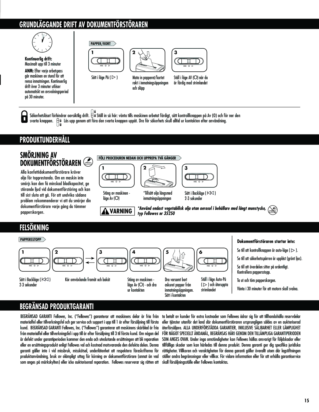 Fellowes M-3C manual Grundläggande Drift AV Dokumentförstöraren, Felsökning, Begränsad Produktgaranti 