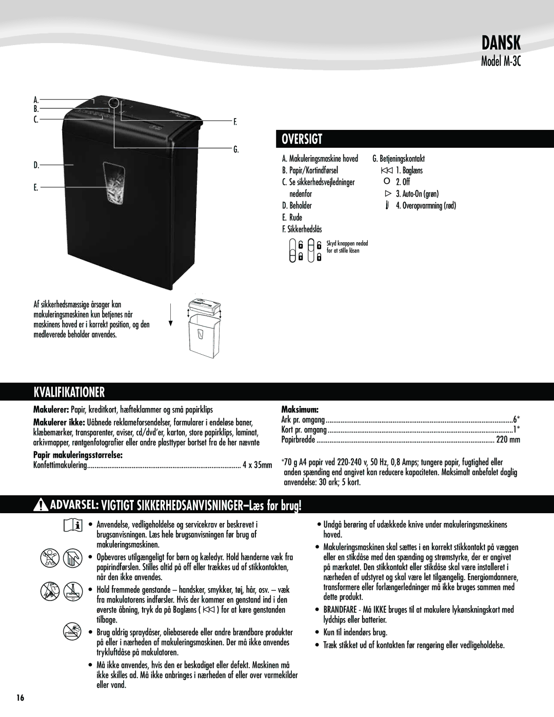 Fellowes M-3C manual Dansk, Oversigt, Kvalifikationer, Papir makuleringsstørrelse, Maksimum 