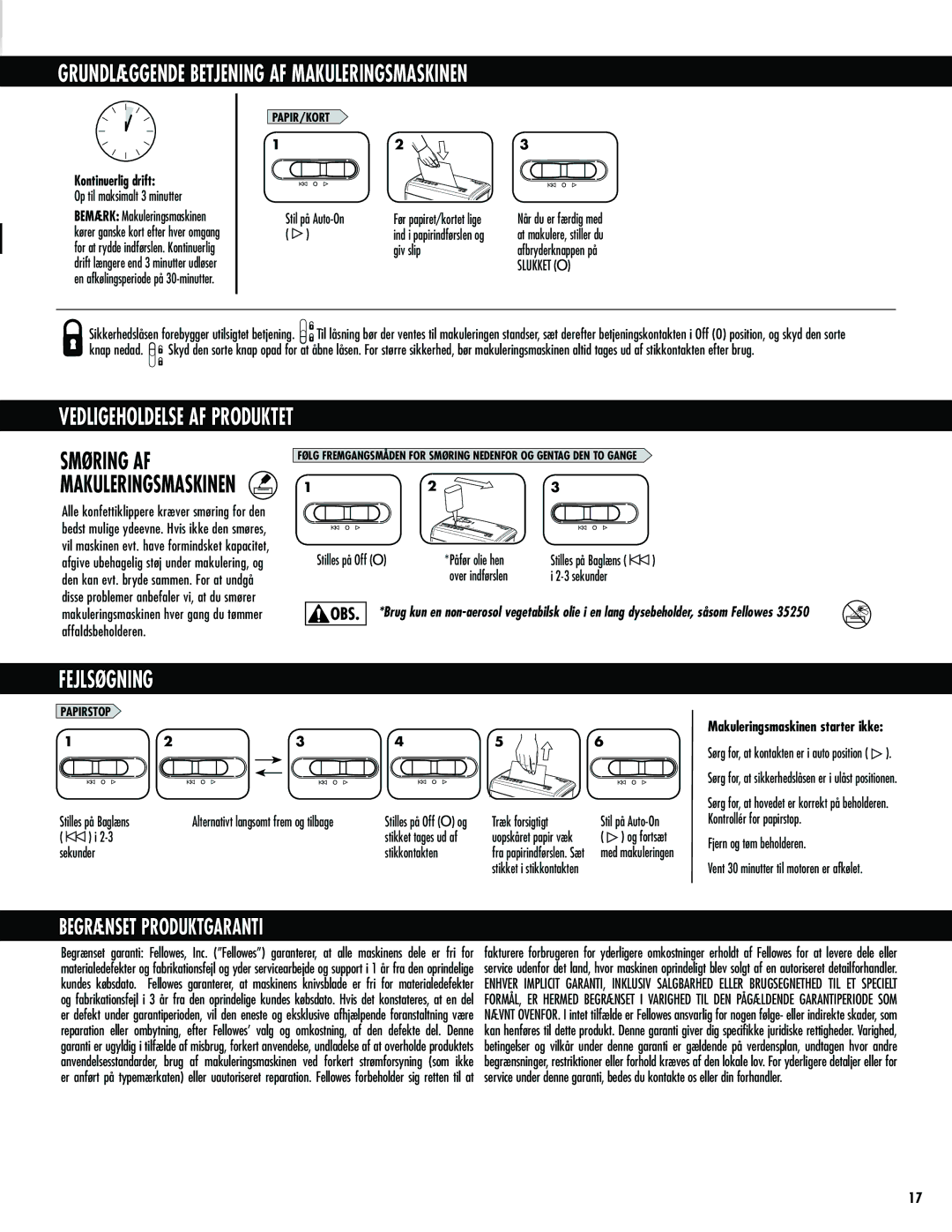 Fellowes M-3C manual Grundlæggende Betjening AF Makuleringsmaskinen, Vedligeholdelse AF Produktet, Fejlsøgning 