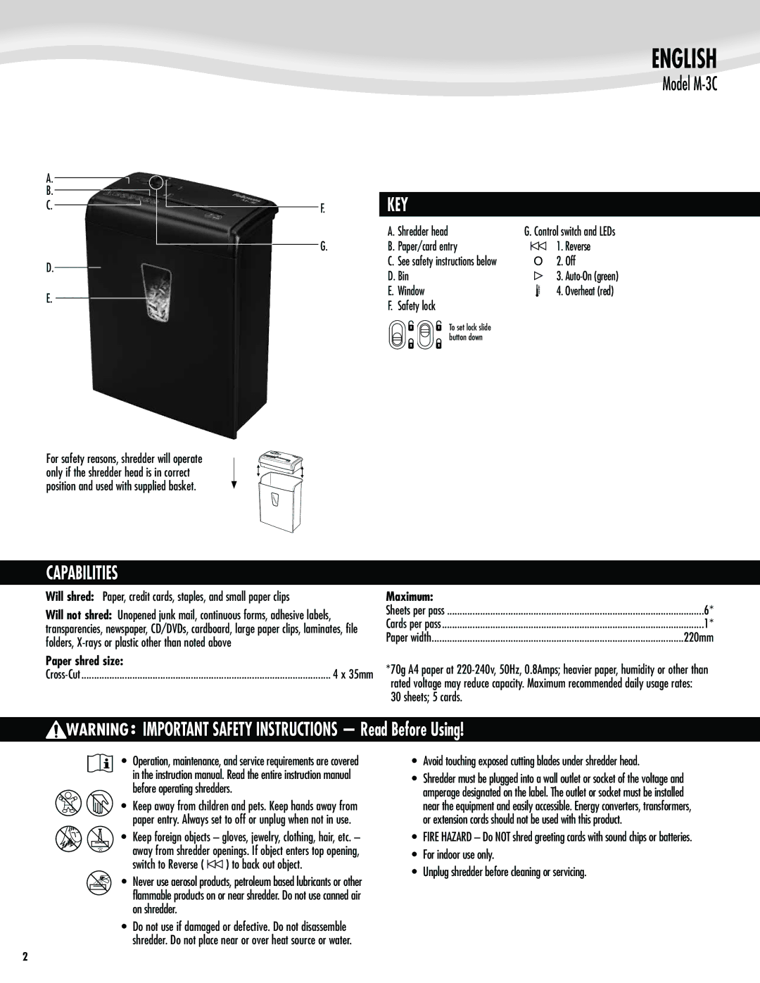 Fellowes M-3C manual English, Key, Capabilities,  4BGFUZMPDL, Paper shred size 