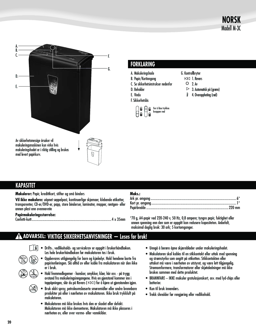 Fellowes M-3C manual Norsk, Forklaring, Kapasitet, Papirmakuleringsstørrelse, Maks 