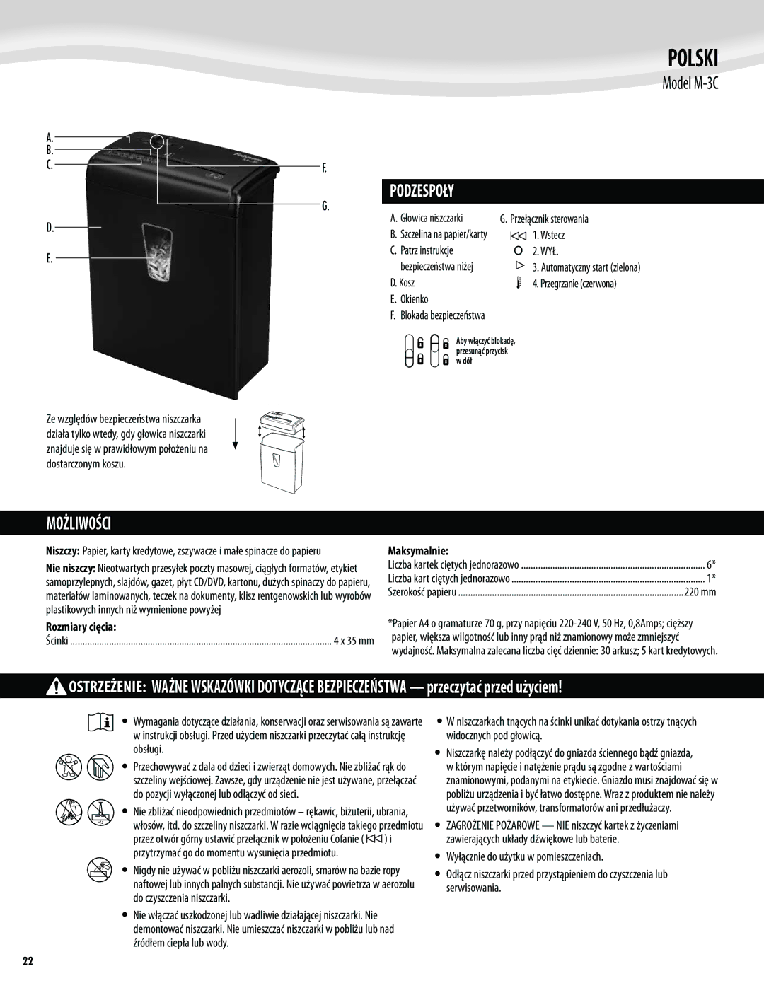 Fellowes M-3C manual Рolski, Podzespoły, Możliwości, Rozmiary cięcia, Maksymalnie 