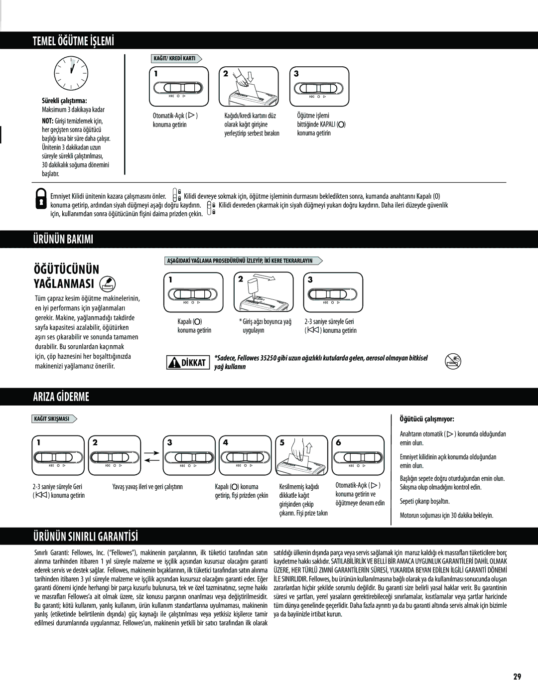 Fellowes M-3C manual Ürünün Bakimi, Ariza Gİderme, Ürünün Sinirli Garantİsİ, Öğütücü çalışmıyor 