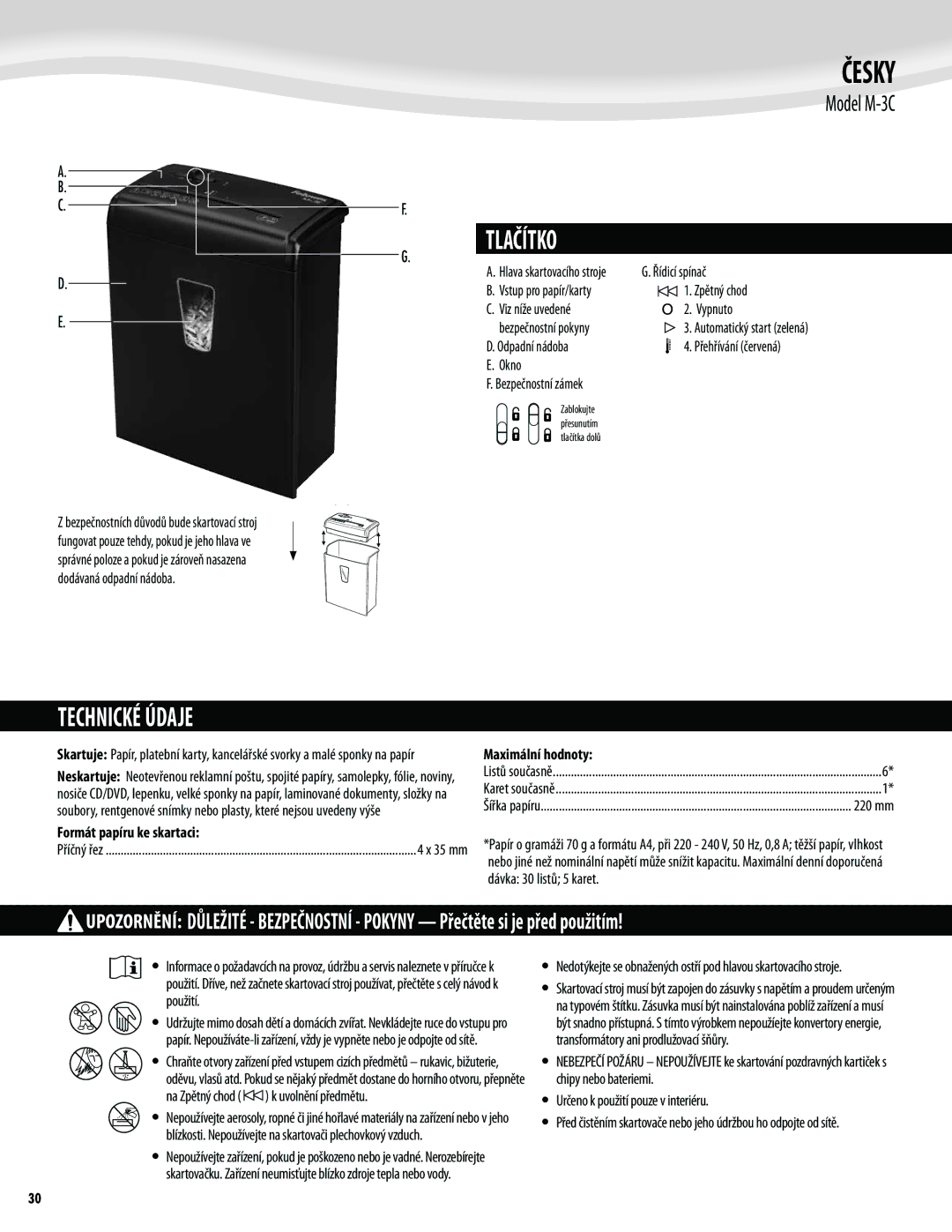 Fellowes M-3C manual Česky, Formát papíru ke skartaci, Maximální hodnoty 