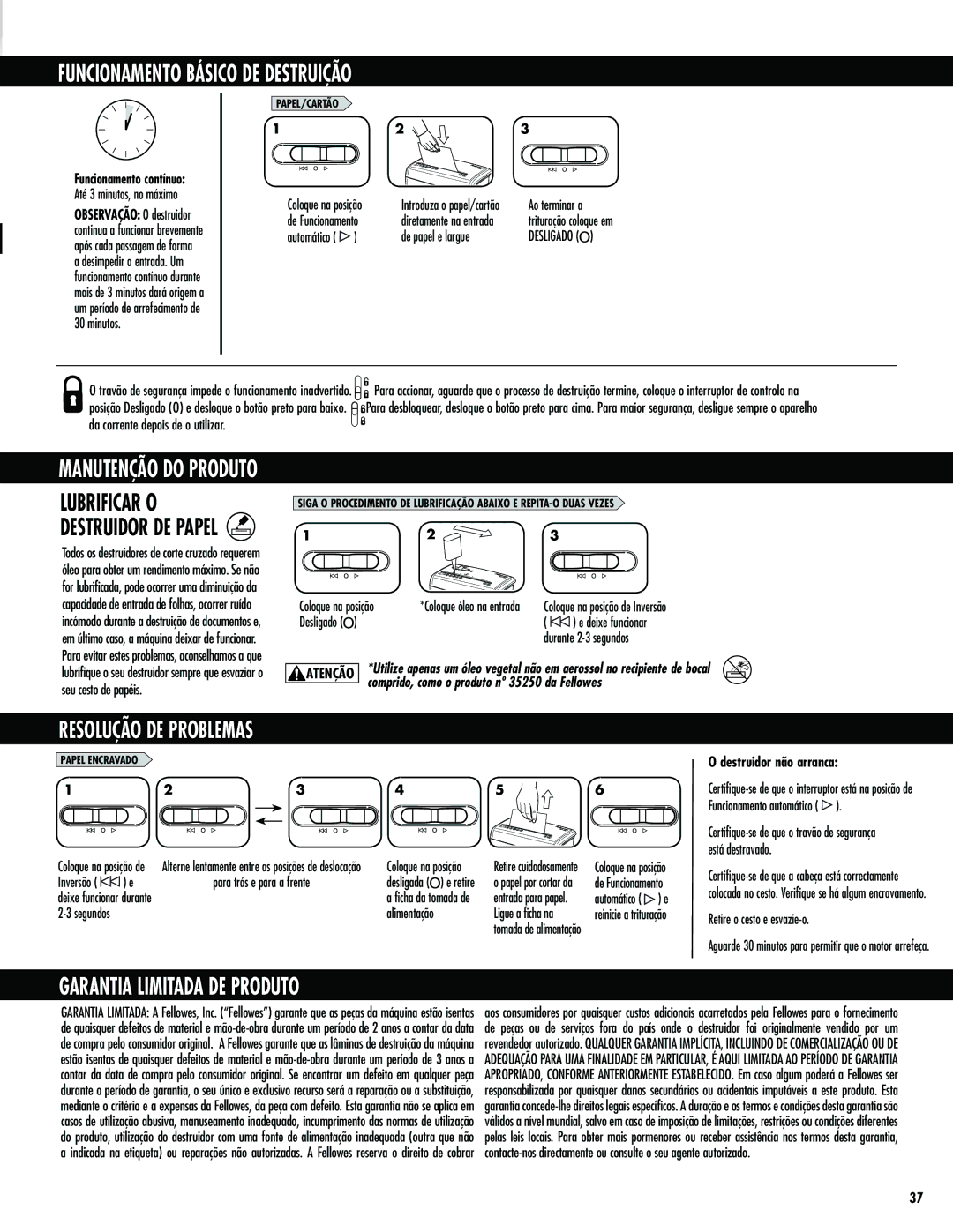 Fellowes M-3C manual Funcionamento Básico DE Destruição, Resolução DE Problemas, Garantia Limitada DE Produto 