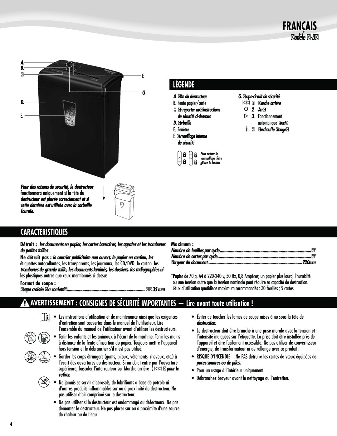 Fellowes M-3C manual Caracteristiques, Légende, Format de coupe, Foðusf, Maximum 