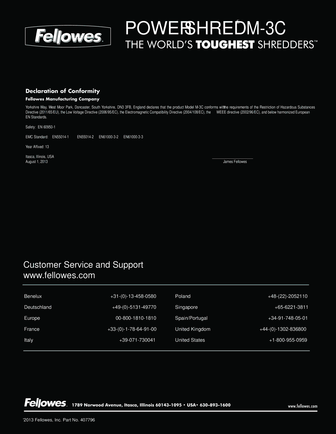 Fellowes M-3C manual Customer Service and Support 