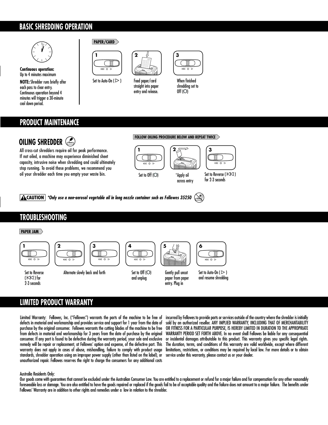 Fellowes M-6C manual Basic Shredding Operation, Product Maintenance, Troubleshooting, Limited Product Warranty 