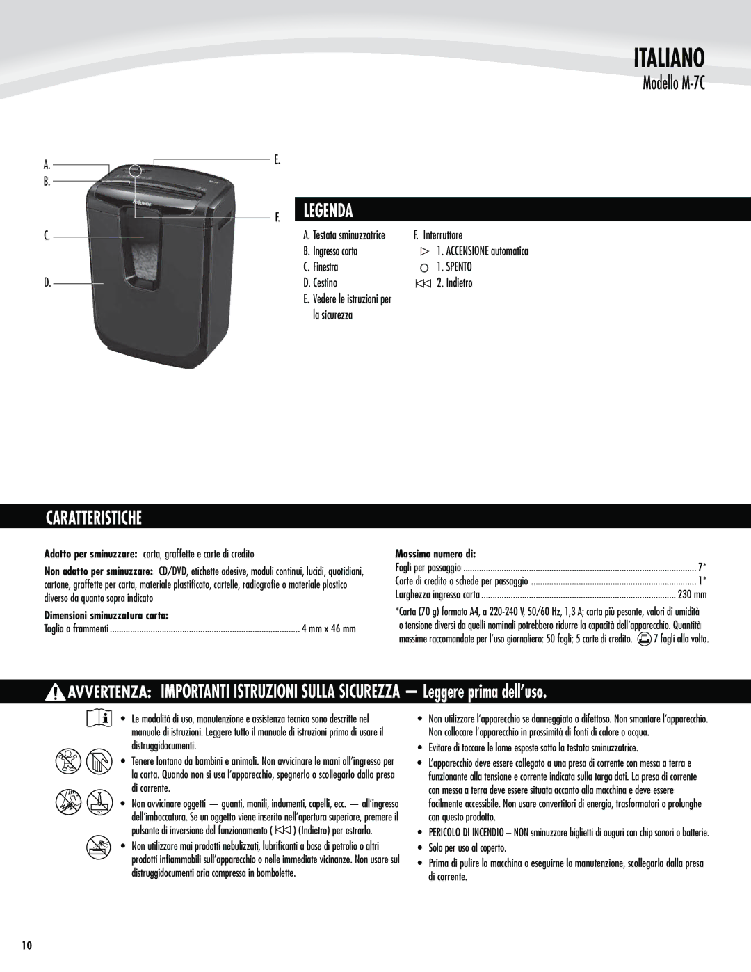 Fellowes M-7C manual  *Oufssvuupsf, Ingresso carta $$&/4*0/&BVUPNBUJDB, Joftusb, 41&/50, Cestino Indietro 