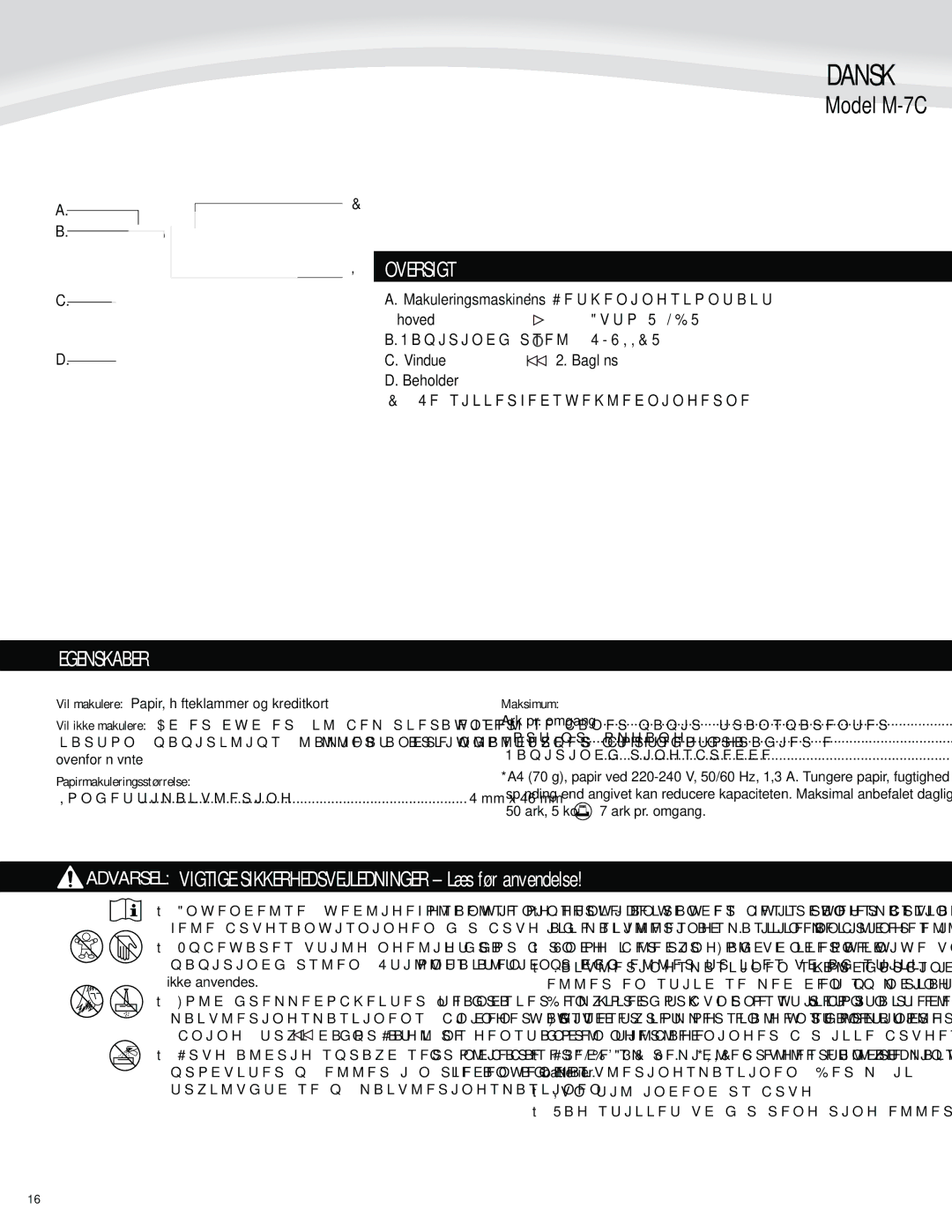 Fellowes M-7C manual Dansk, Oversigt,  #Fukfojohtlpoublu,  4FTJLLFSIFETWFKMFEOJOHFSOF 