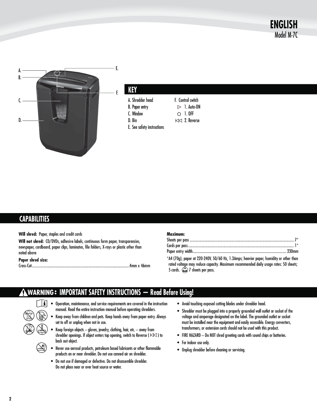 Fellowes M-7C manual Capabilities KEY, Paper entry, Window 0 Bin,  4FFTBGFUZJOTUSVDUJPOT 