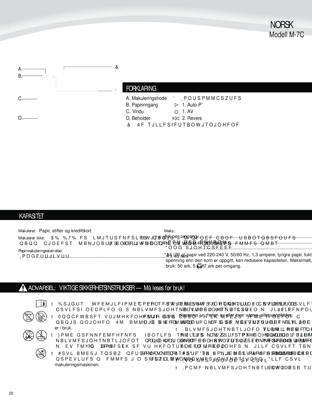 Fellowes M-7C manual Norsk, Kapasitet,  ,Pouspmmcszufs, Papirinngang Auto-PÅ Vindu Beholder Revers 