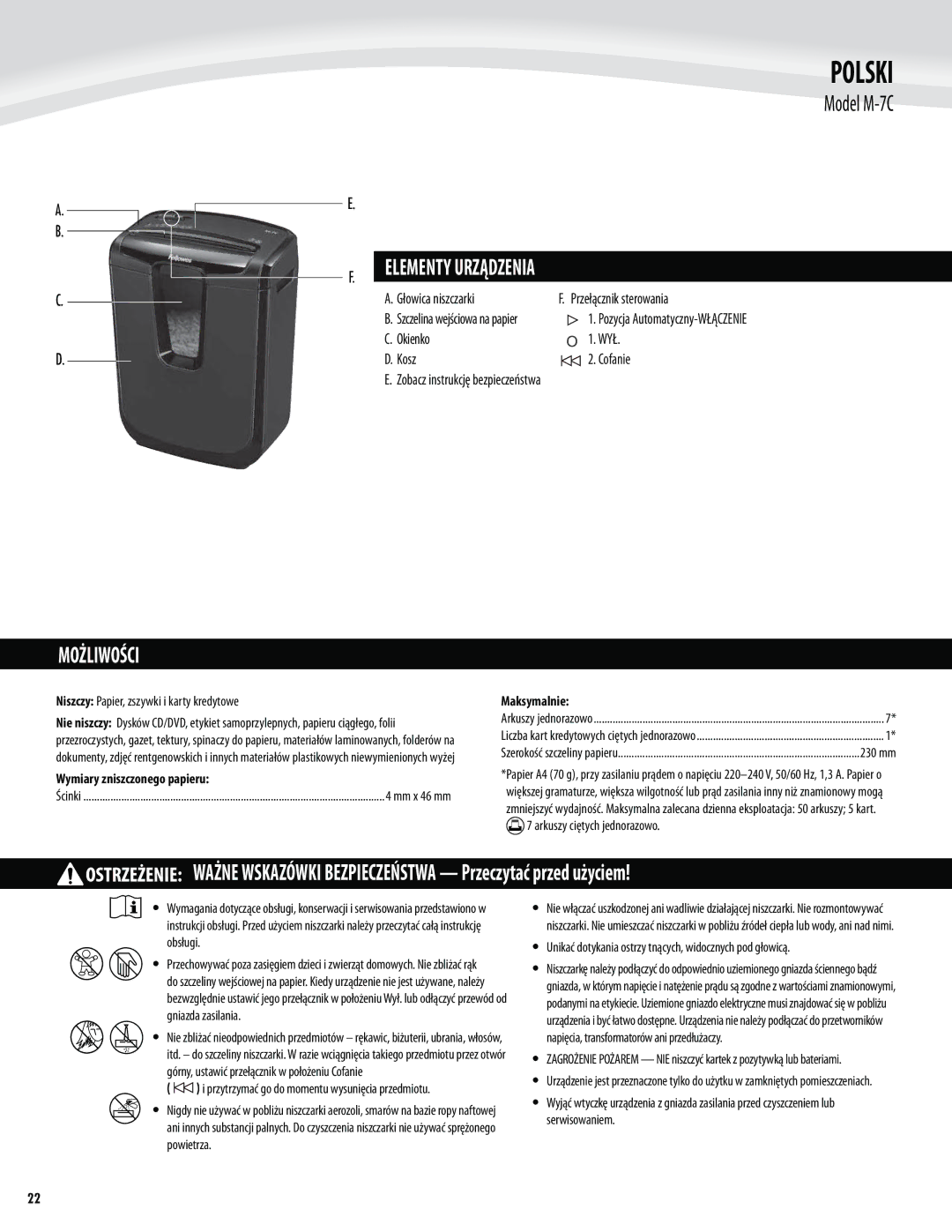 Fellowes M-7C manual Polski, Możliwości, Głowica niszczarki Przełącznik sterowania, Pozycja Automatyczny-WŁĄCZENIE 