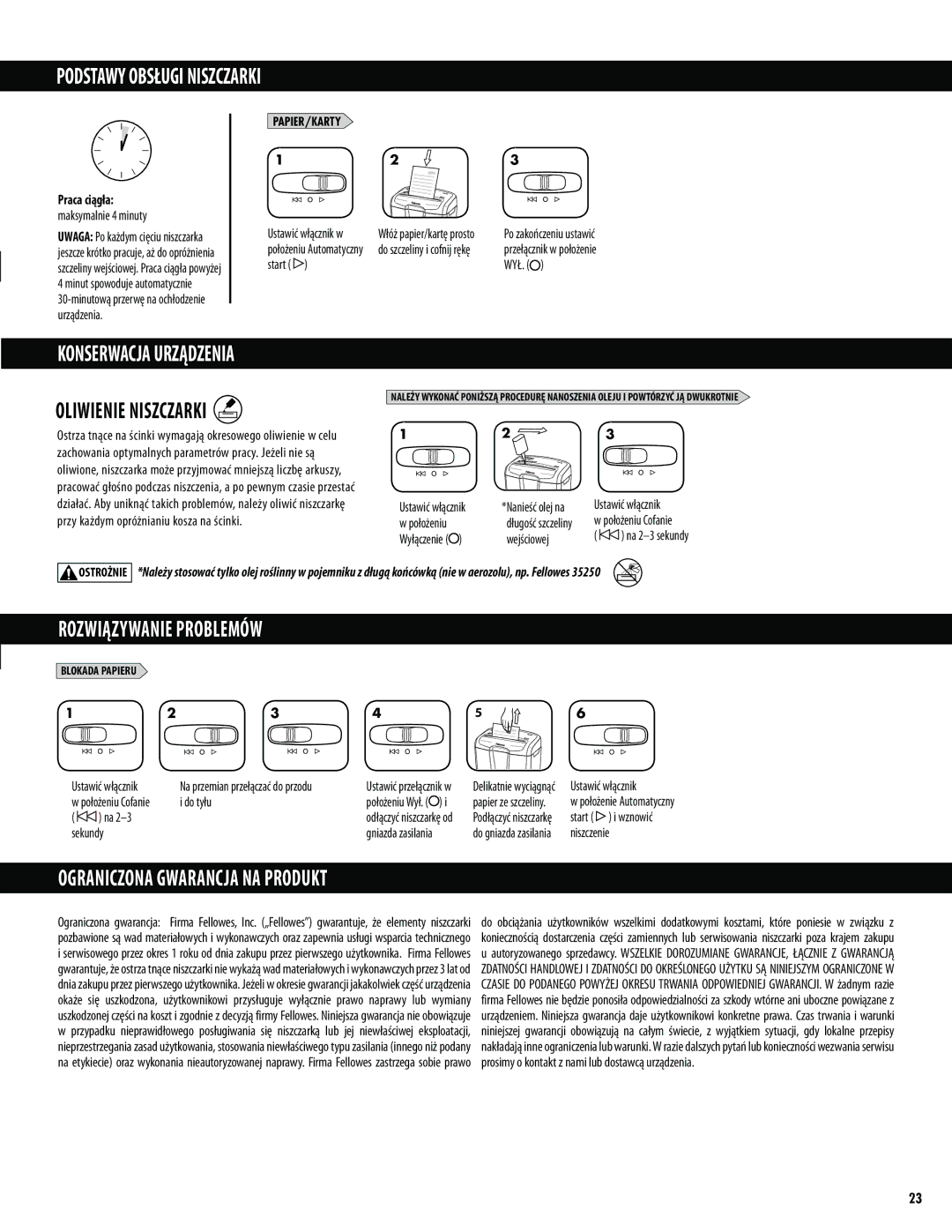 Fellowes M-7C manual Podstawy Obsługi Niszczarki, Konserwacja Urządzenia, Rozwiązywanie Problemów 