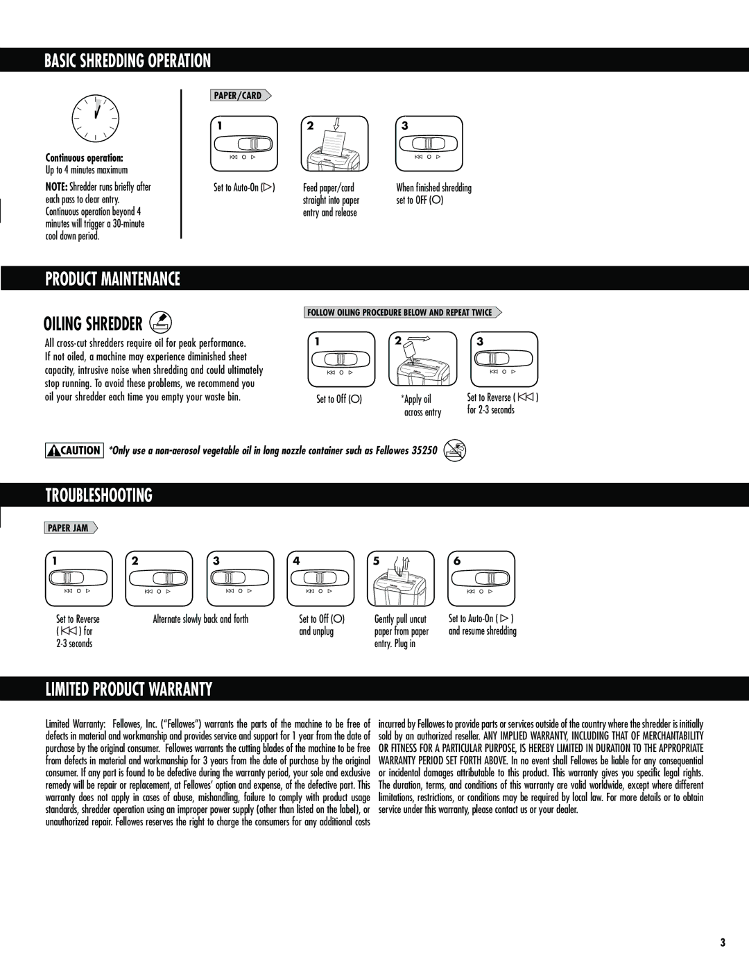 Fellowes M-7C manual Basic Shredding Operation, Product Maintenance, Troubleshooting, Limited Product Warranty 