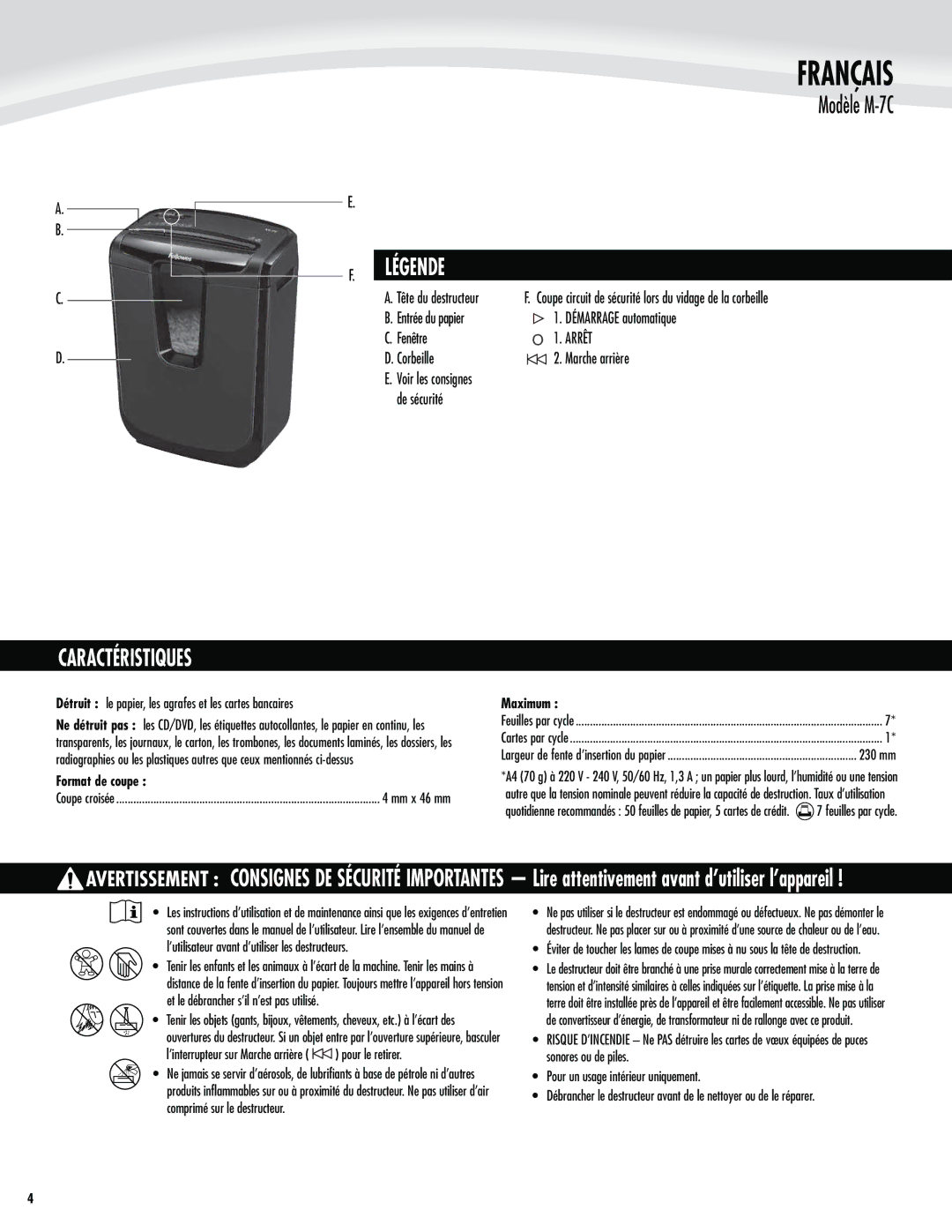 Fellowes M-7C manual Français, Légende, Caractéristiques, Foðusf Arrêt 