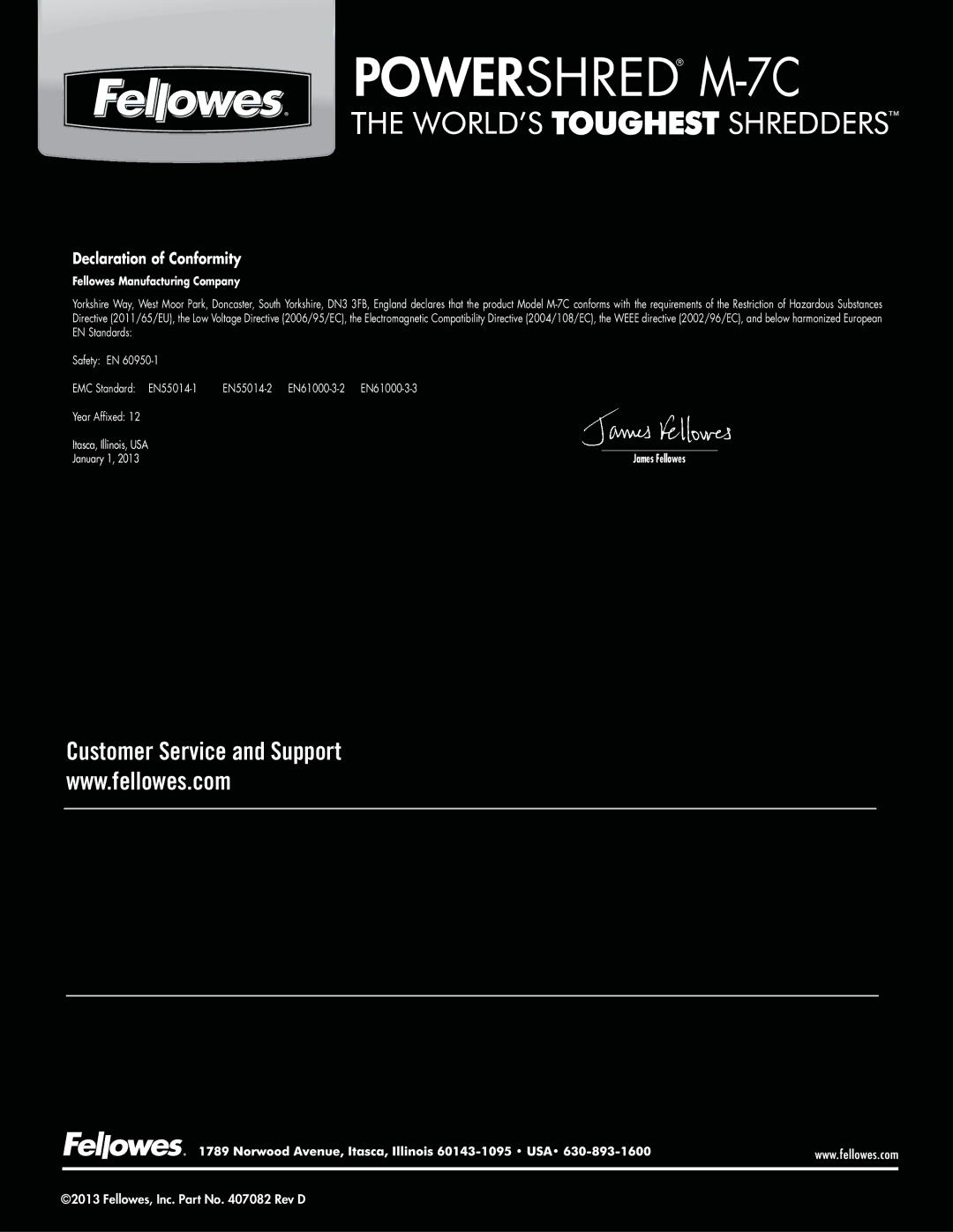 Fellowes M-7C manual Customer Service and Support 