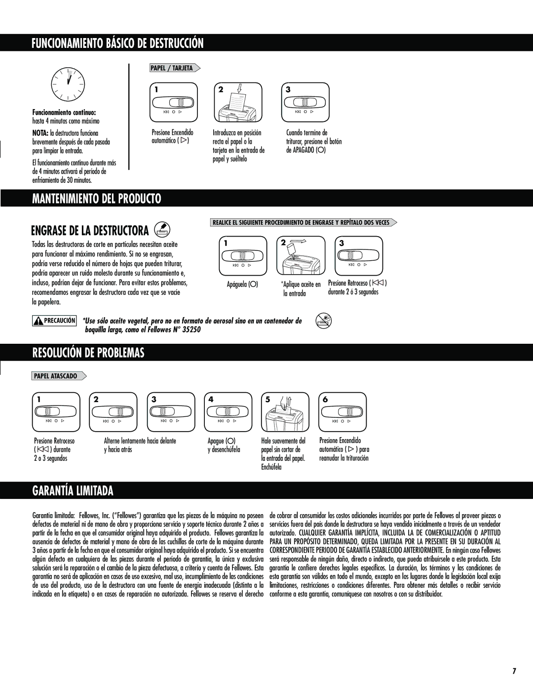 Fellowes M-7C manual Funcionamiento Básico DE Destrucción, Resolución DE Problemas, Garantía Limitada, Odiþgfmb 