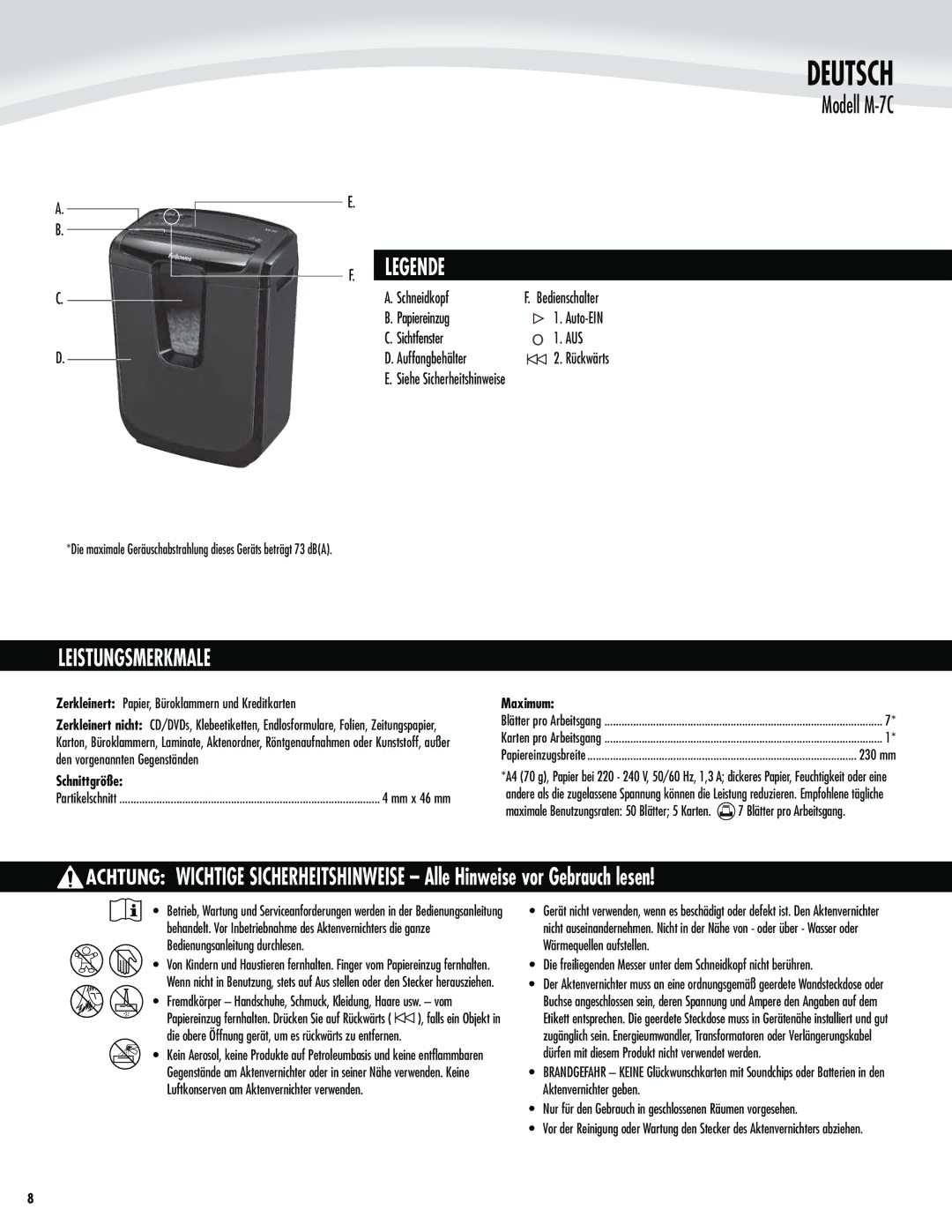 Fellowes M-7C manual Deutsch, Leistungsmerkmale,  #Fejfotdibmufs,  4JFIF4JDIFSIFJUTIJOXFJTF 