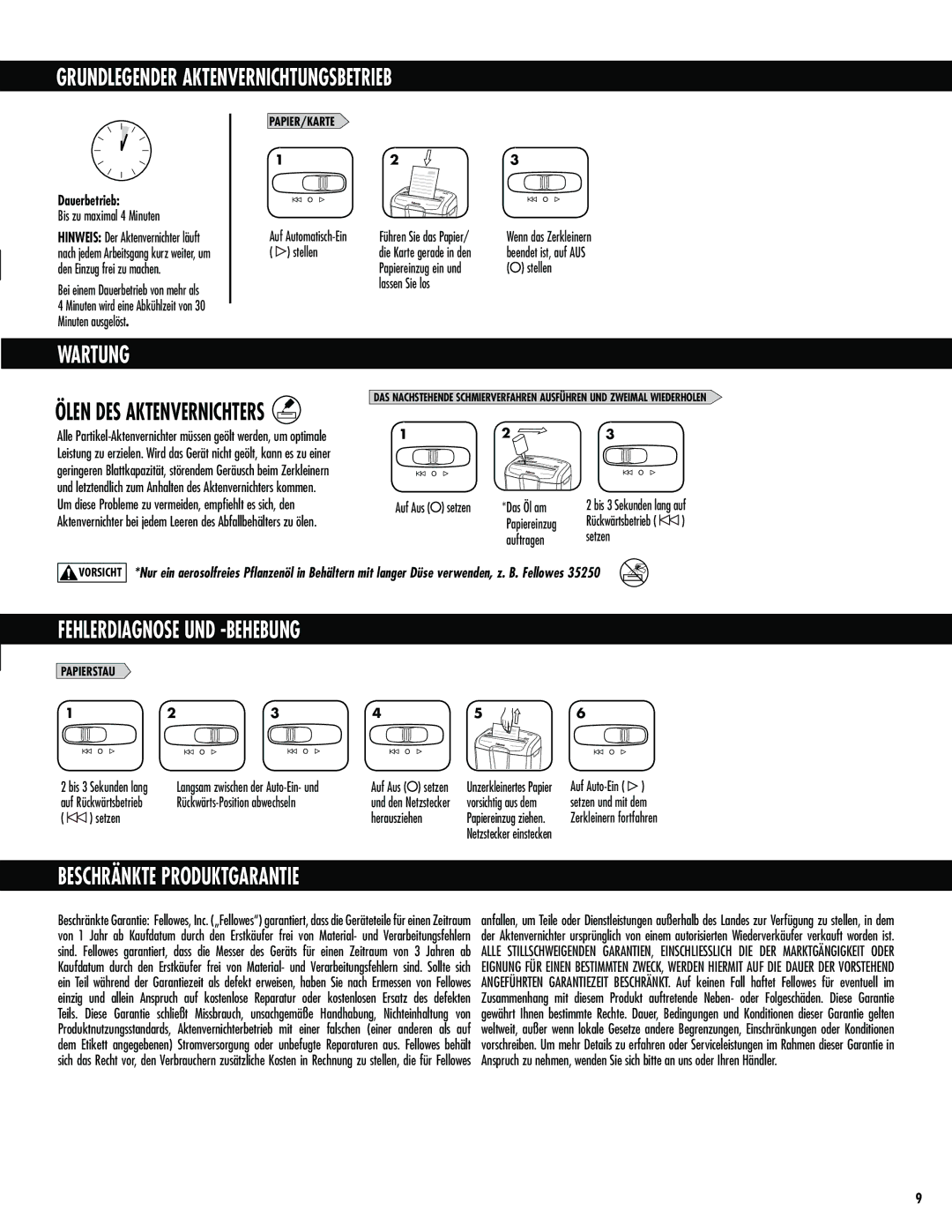 Fellowes M-7C Grundlegender Aktenvernichtungsbetrieb, Wartung, Fehlerdiagnose UND -BEHEBUNG, Beschränkte Produktgarantie 