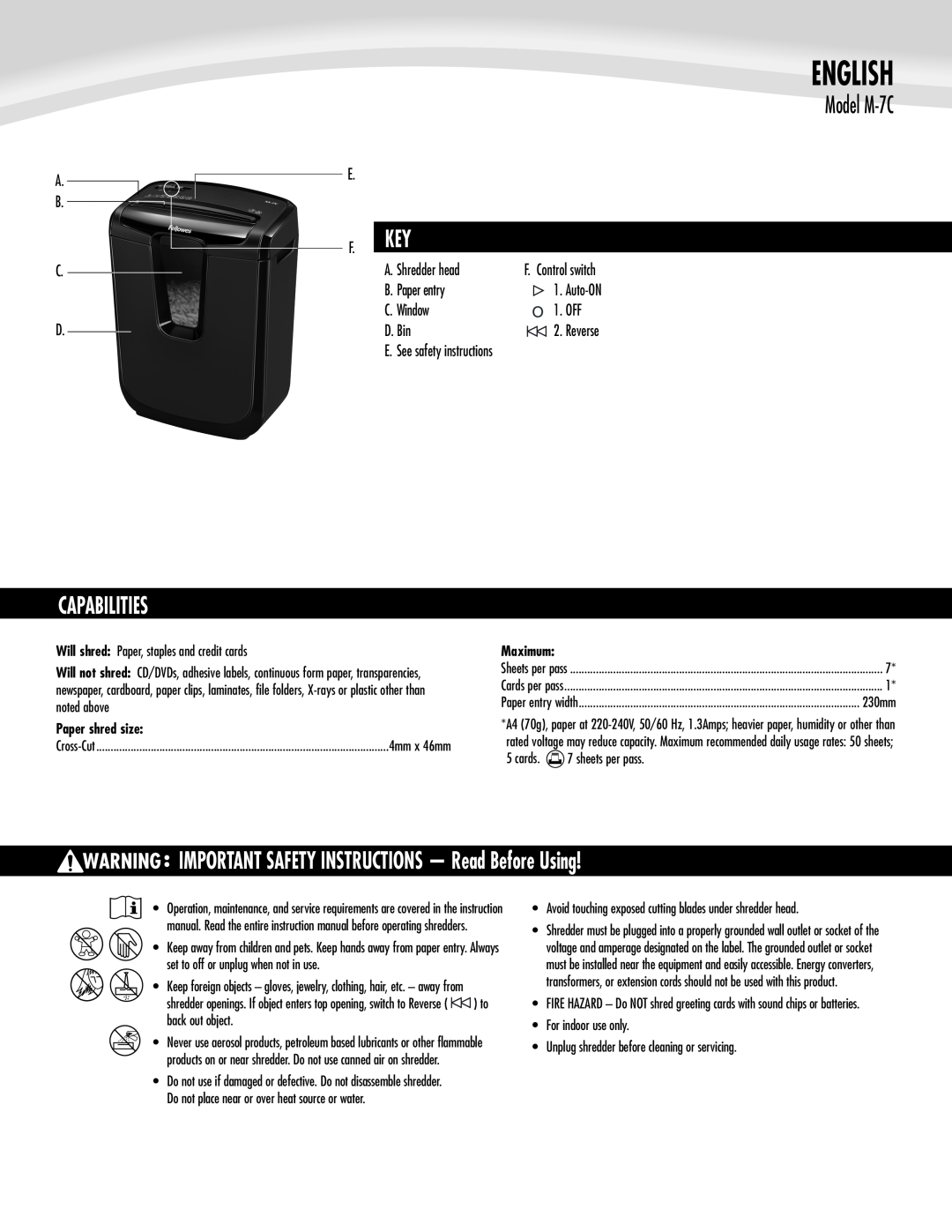 Fellowes manual IMPORTANT SAFETY INSTRUCTIONS - Read Before Using, English, Model M-7C, Capabilities 