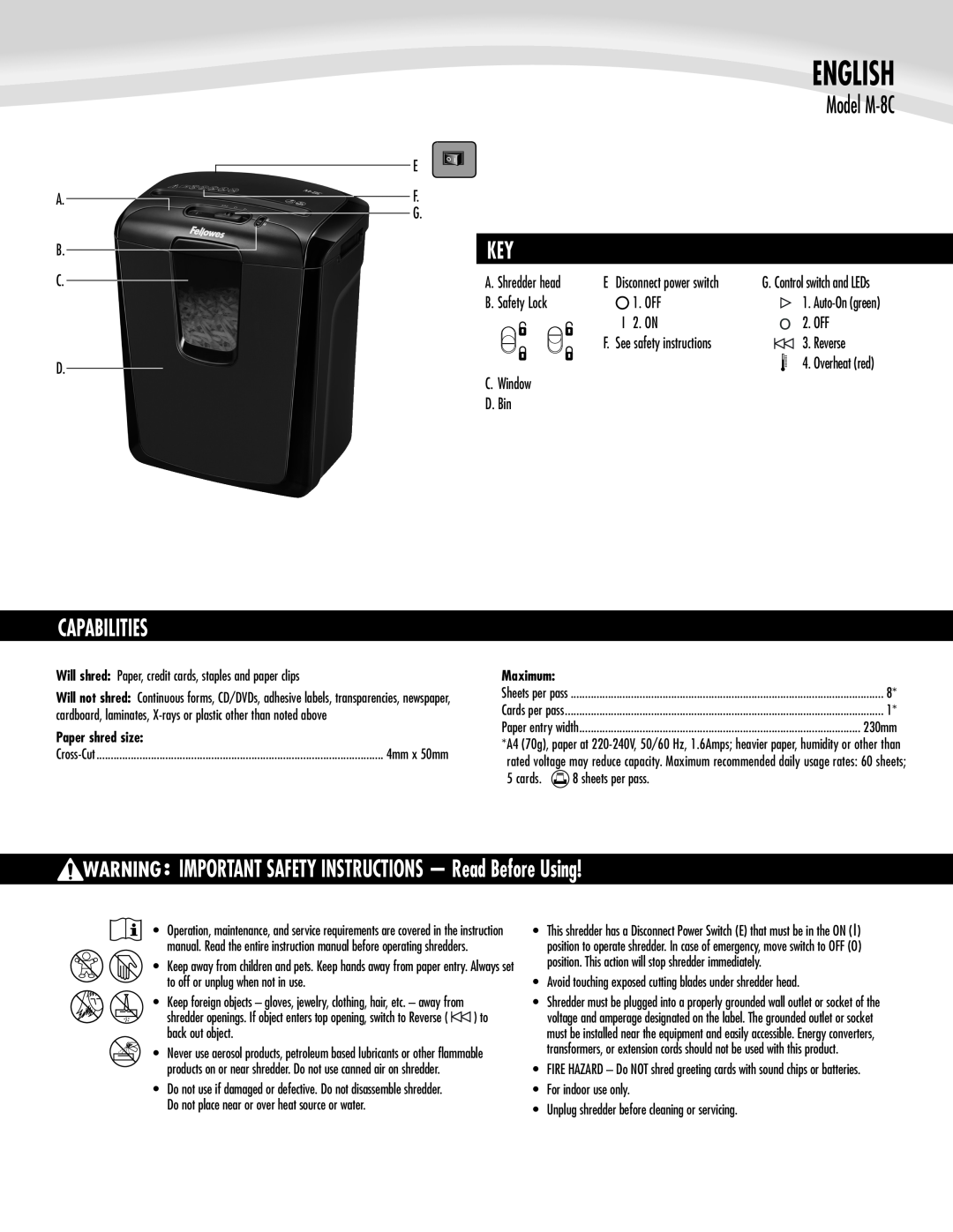 Fellowes Capabilities, IMPORTANT SAFETY INSTRUCTIONS - Read Before Using, English, Model M-8C, E F G, B. Safety Lock 