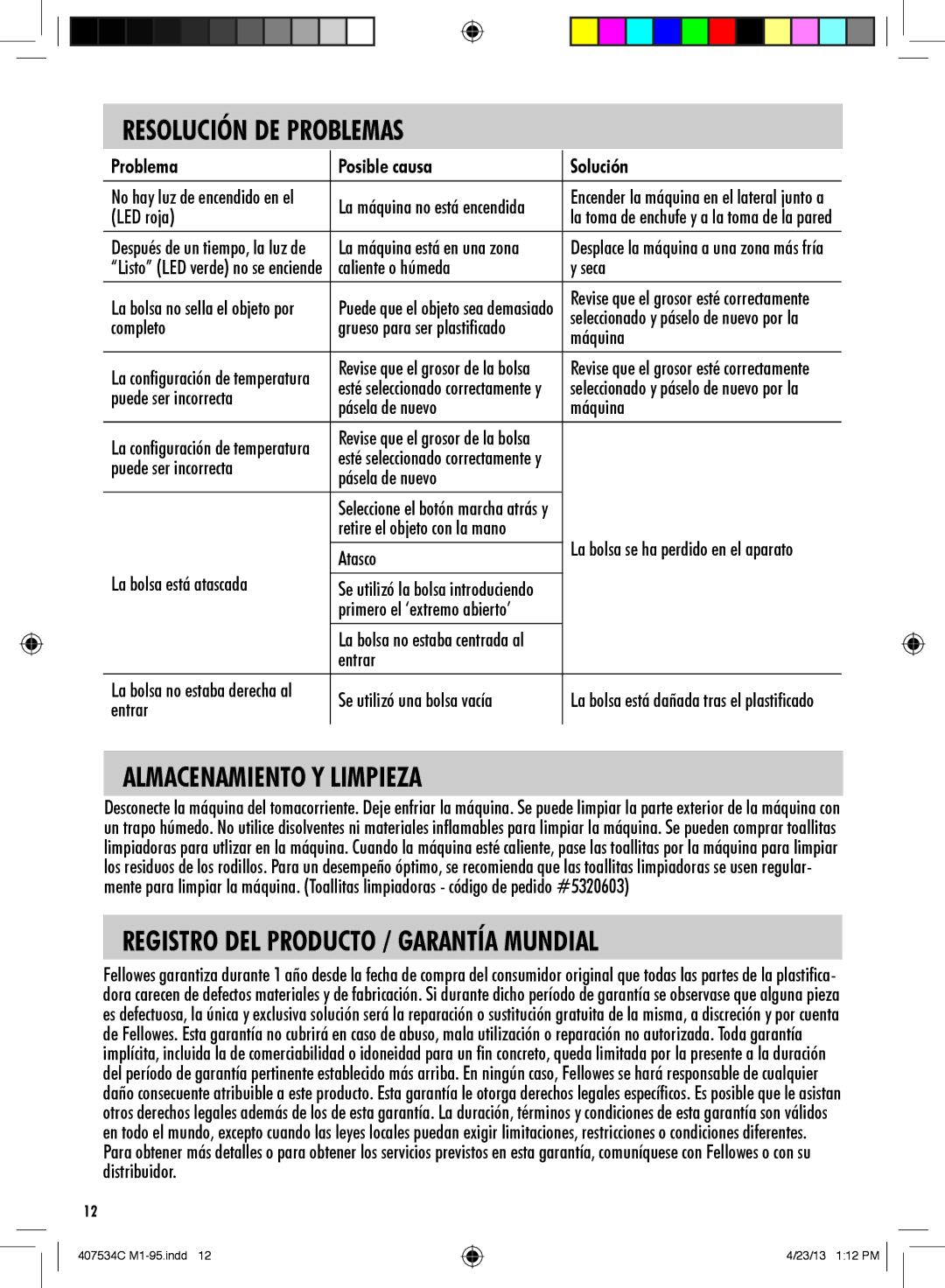 Fellowes M1-95, L80-95 manual Resolución DE Problemas, Almacenamiento Y Limpieza, Registro DEL Producto / Garantía Mundial 