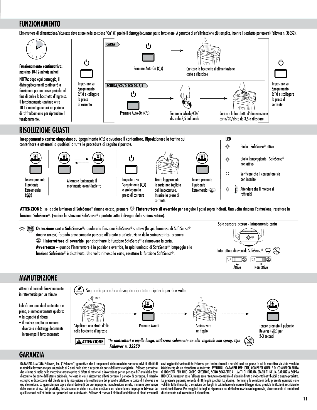 Fellowes Model MS-460Cs manual Funzionamento, Risoluzione Guasti, Garanzia 