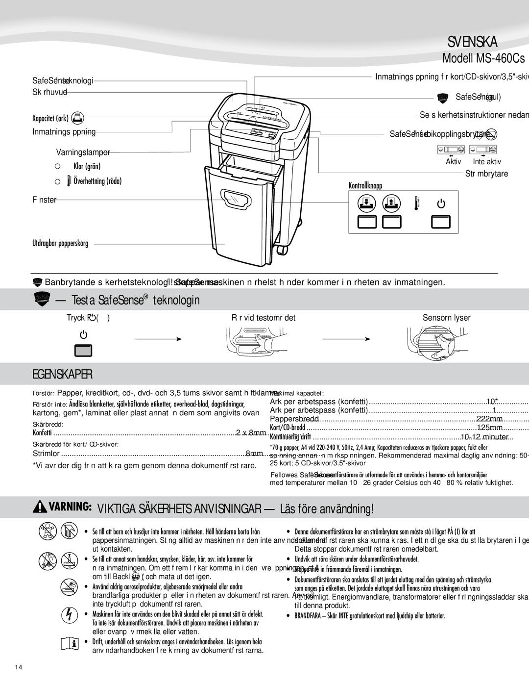 Fellowes Model MS-460Cs manual Svenska, Egenskaper, Modell MS-460Cs 