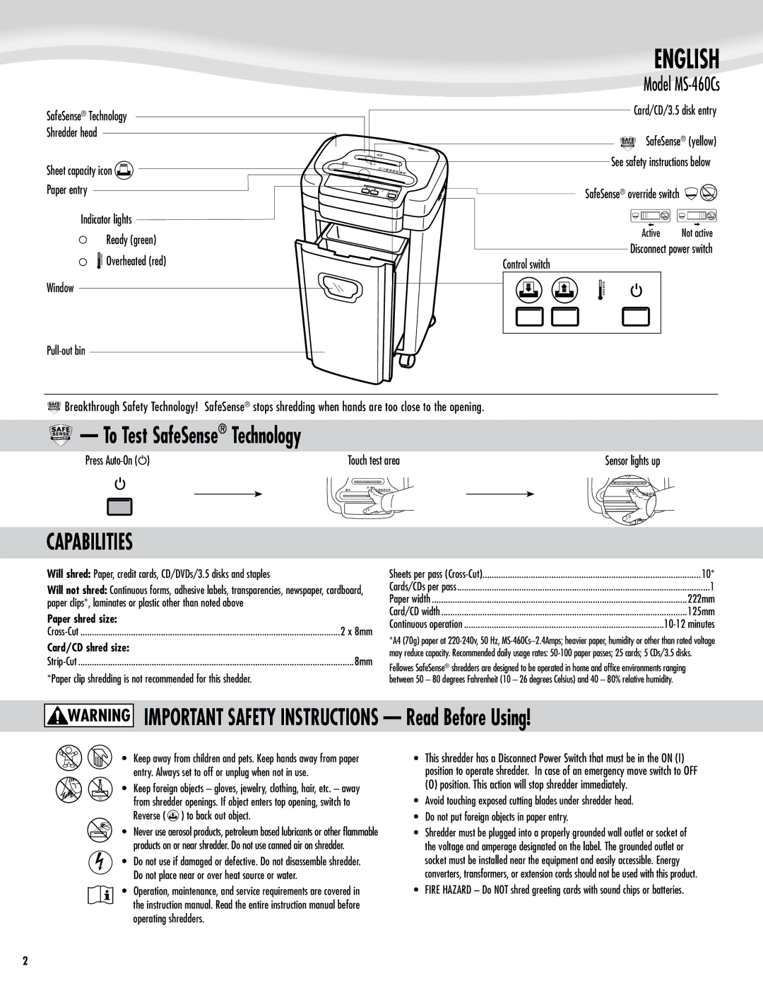 Fellowes Model MS-460Cs manual English, Capabilities 