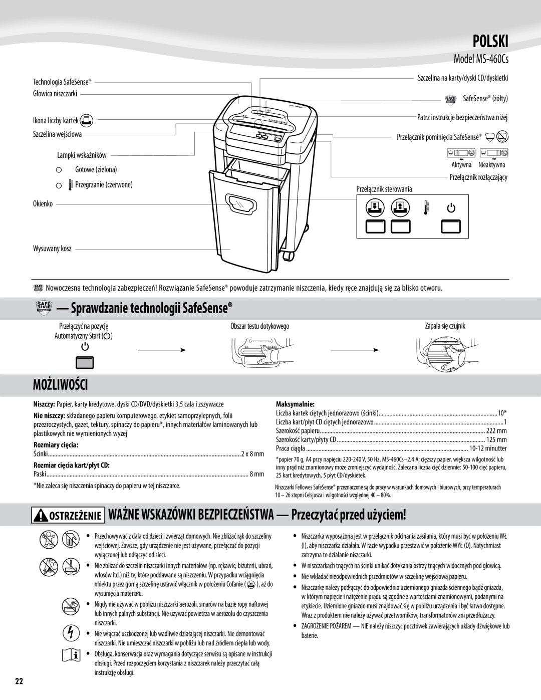 Fellowes Model MS-460Cs manual Polski, Możliwości 