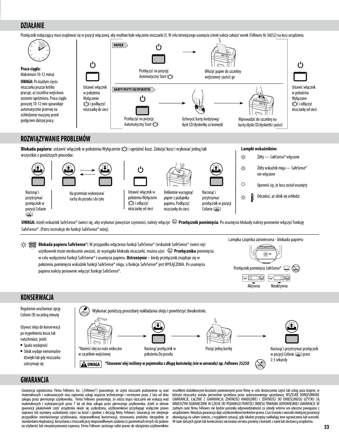 Fellowes Model MS-460Cs manual Działanie, Rozwiązywanie Problemów, Gwarancja 