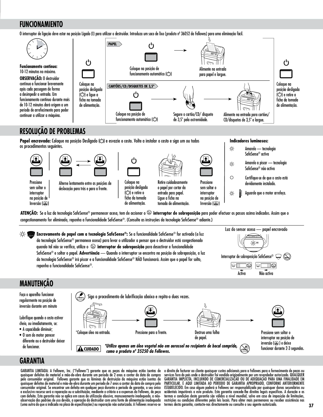 Fellowes Model MS-460Cs manual Resolução DE Problemas, Garantia, Funcionamento contínuo, Indicadores luminosos 