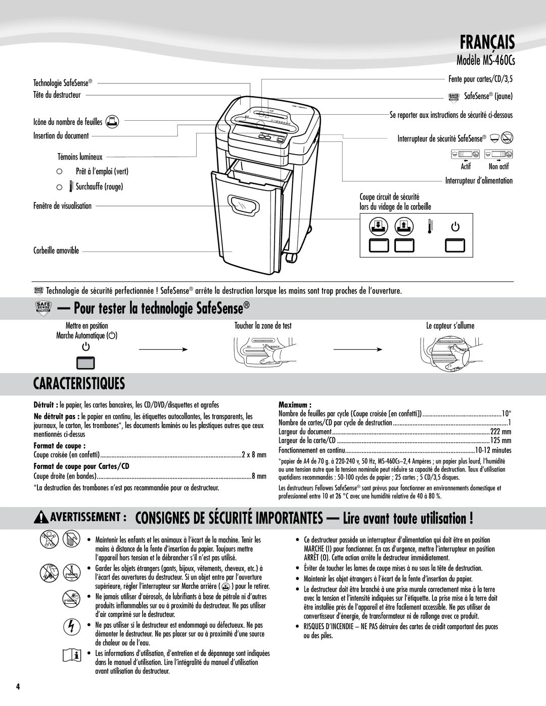 Fellowes Model MS-460Cs manual Français, Caracteristiques, Modèle MS-460Cs 