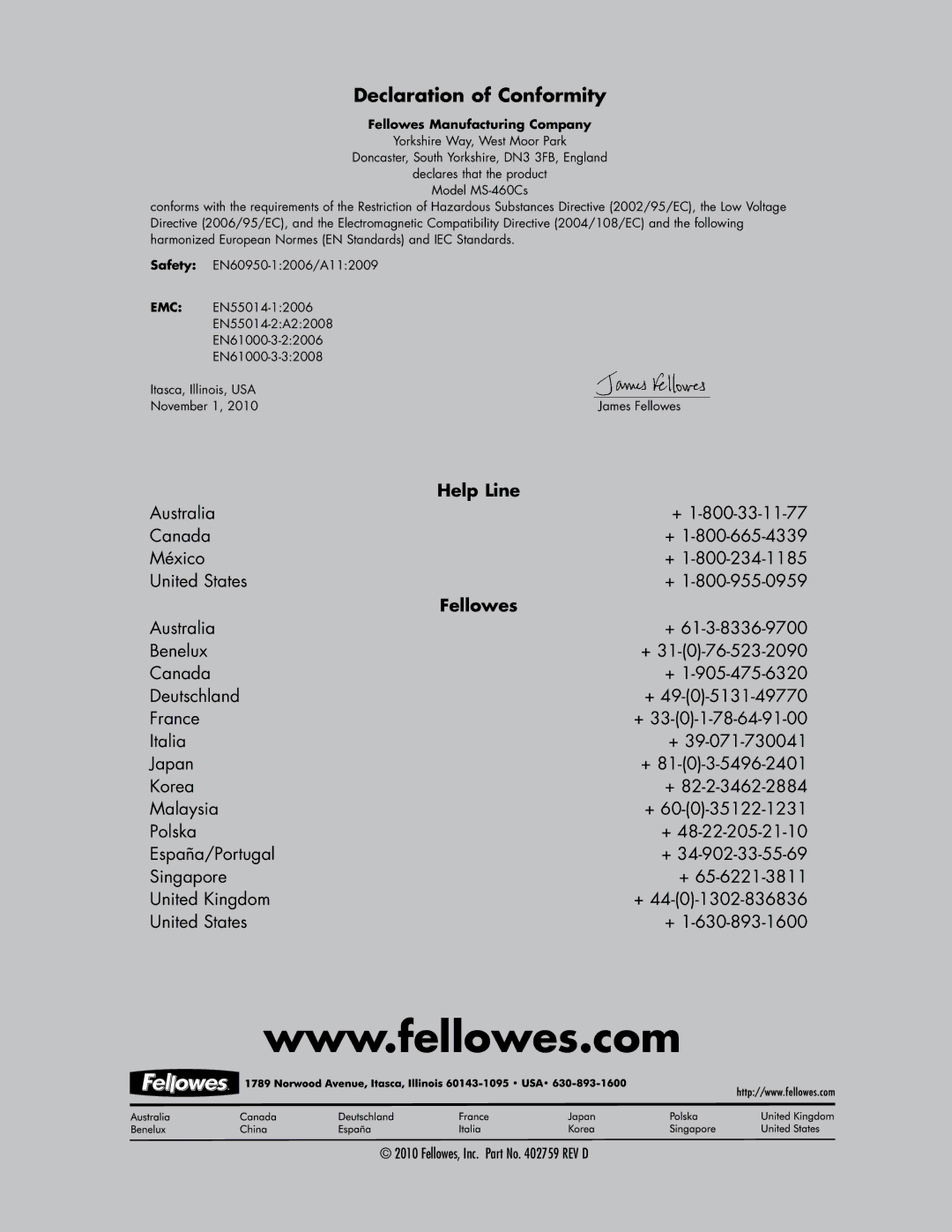 Fellowes Model MS-460Cs manual Declaration of Conformity, Fellowes, Inc. Part No REV D 