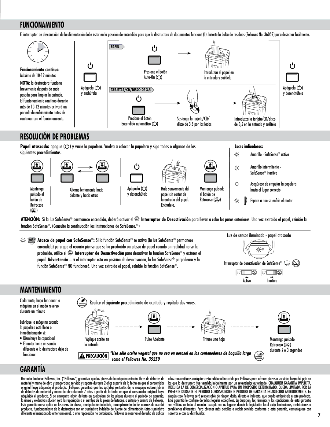 Fellowes Model MS-460Cs manual Funcionamiento, Resolución DE Problemas, Garantía, Siguientes procedimientos 