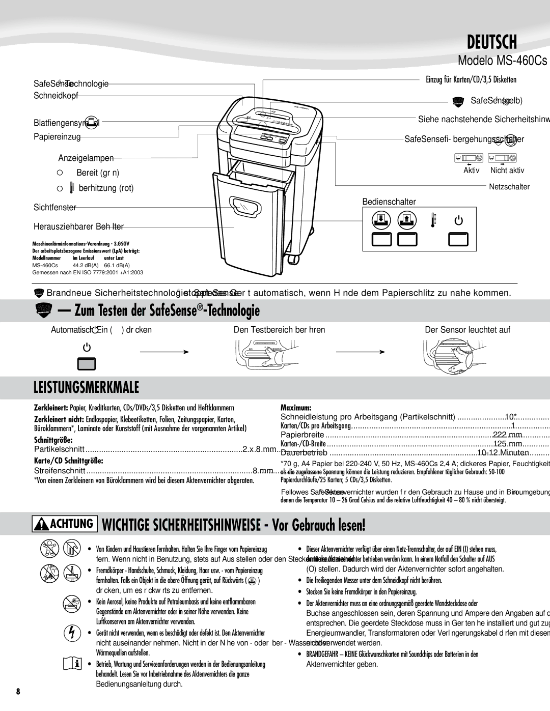 Fellowes Model MS-460Cs manual Deutsch, Leistungsmerkmale 