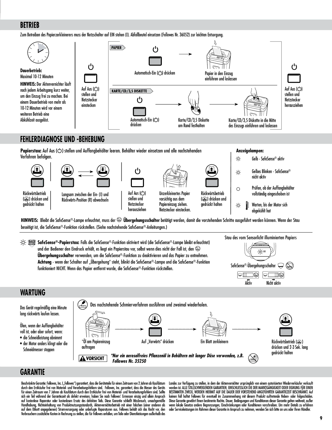 Fellowes Model MS-460Cs manual Betrieb, Fehlerdiagnose UND -BEHEBUNG, Wartung, Dauerbetrieb, Anzeigelampen 