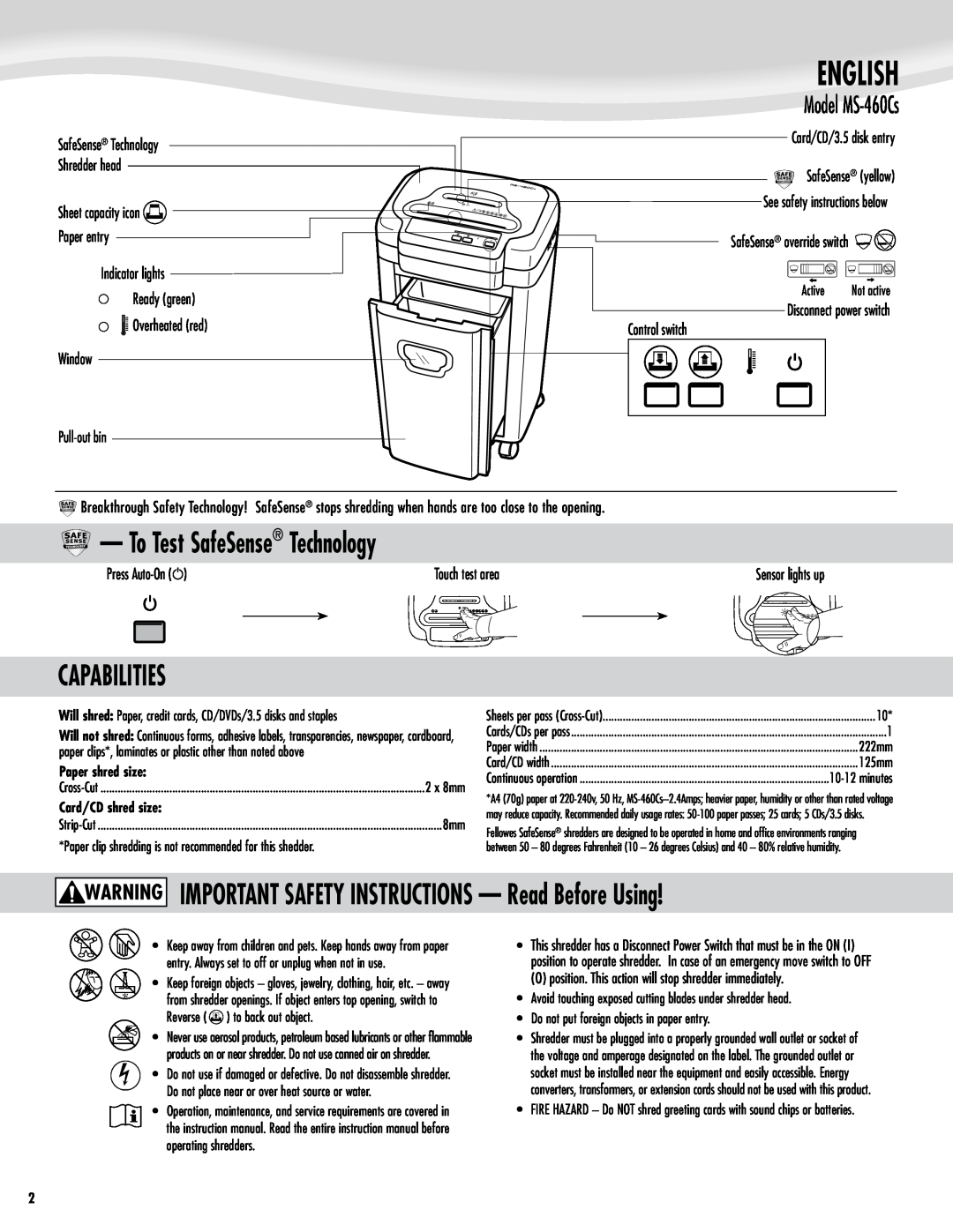 Fellowes Model MS-460Cs manual English, To Test SafeSense Technology, Capabilities, Card/CD/3.5 disk entry SafeSense yellow 