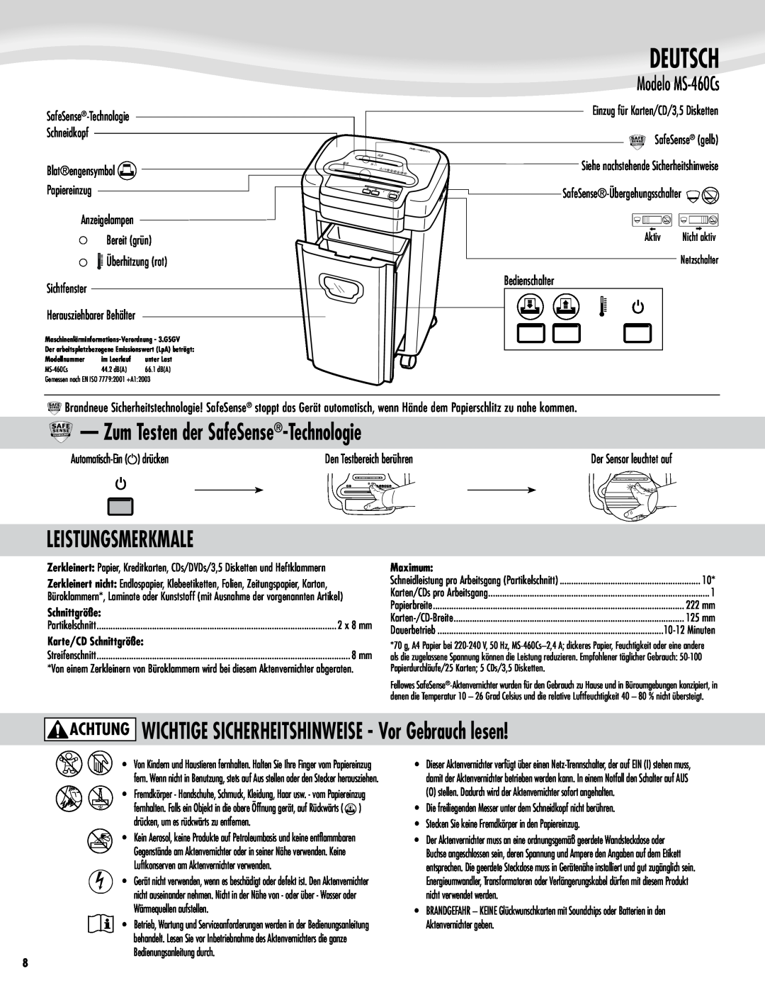 Fellowes Model MS-460Cs manual Deutsch, Zum Testen der SafeSense-Technologie, Leistungsmerkmale, Modelo MS-460Cs 