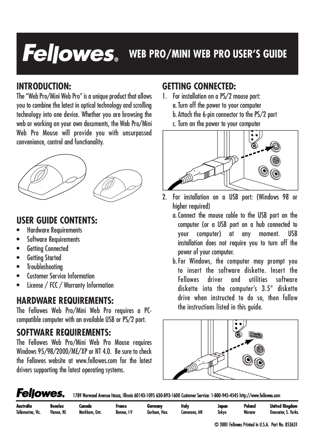 Fellowes Mouse warranty Introduction, User Guide Contents, Hardware Requirements, Software Requirements, Getting Connected 
