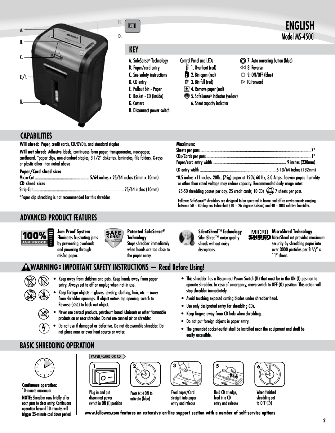 Fellowes MS-450Ci Capabilities, Advanced product features, IMPORTANT SAFETY INSTRUCTIONS - Read Before Using, English 