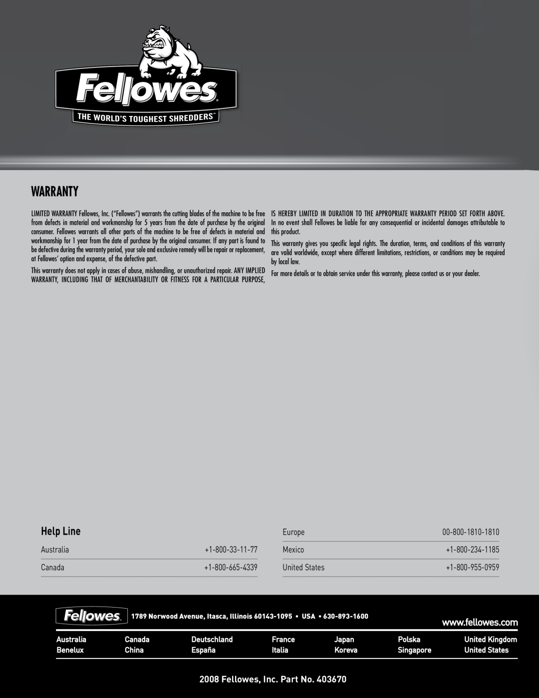 Fellowes MS-450Ci, MS-460Ci manual Warranty, Help Line, Fellowes, Inc. Part No 