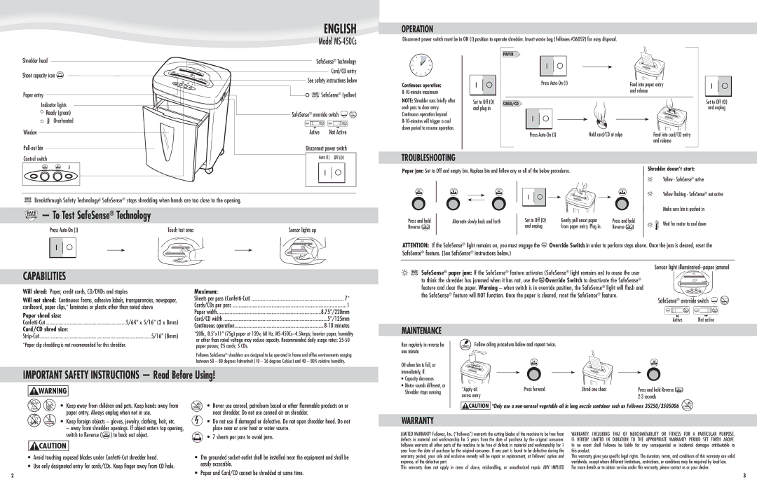 Fellowes MS-450Cs manual Operation, Troubleshooting, Maintenance, Warranty 