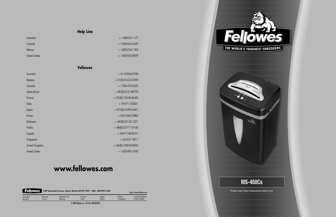Fellowes MS-450Cs manual Help Line, Fellowes, MSMS--450Cs450Cs 