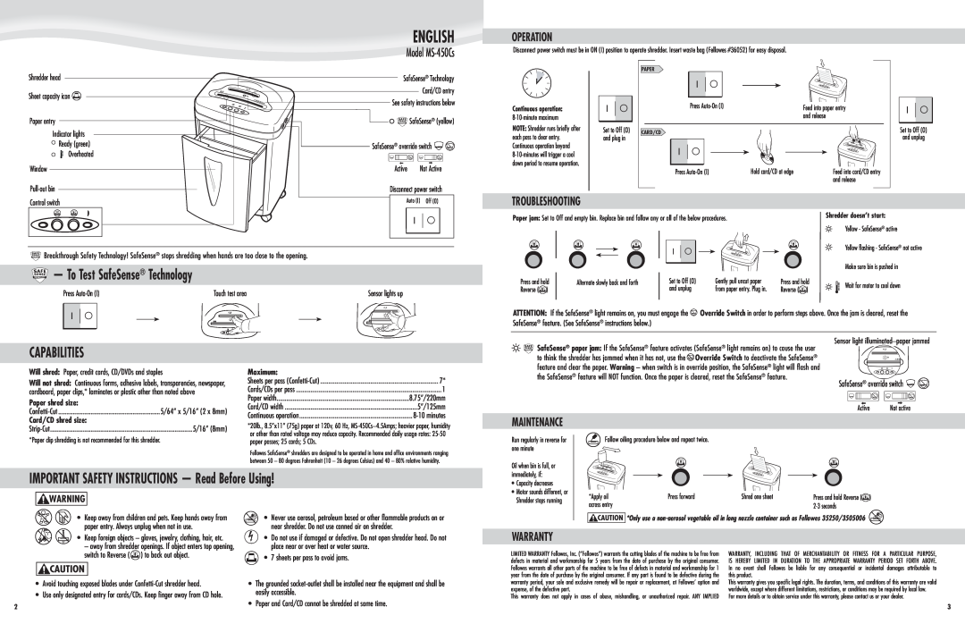 Fellowes MS-450Cs English, To Test SafeSense Technology, Capabilities, IMPORTANT SAFETY INSTRUCTIONS - Read Before Using 