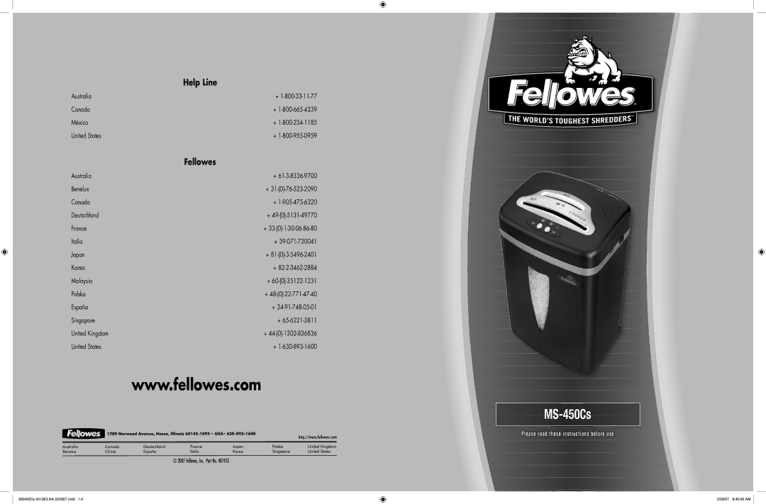 Fellowes MS450Cs manual Help Line 