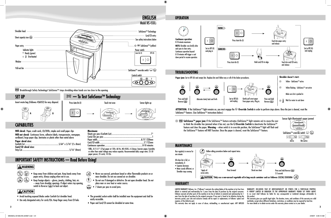 Fellowes MS450Cs manual Operation, Troubleshooting, Maintenance, Warranty 