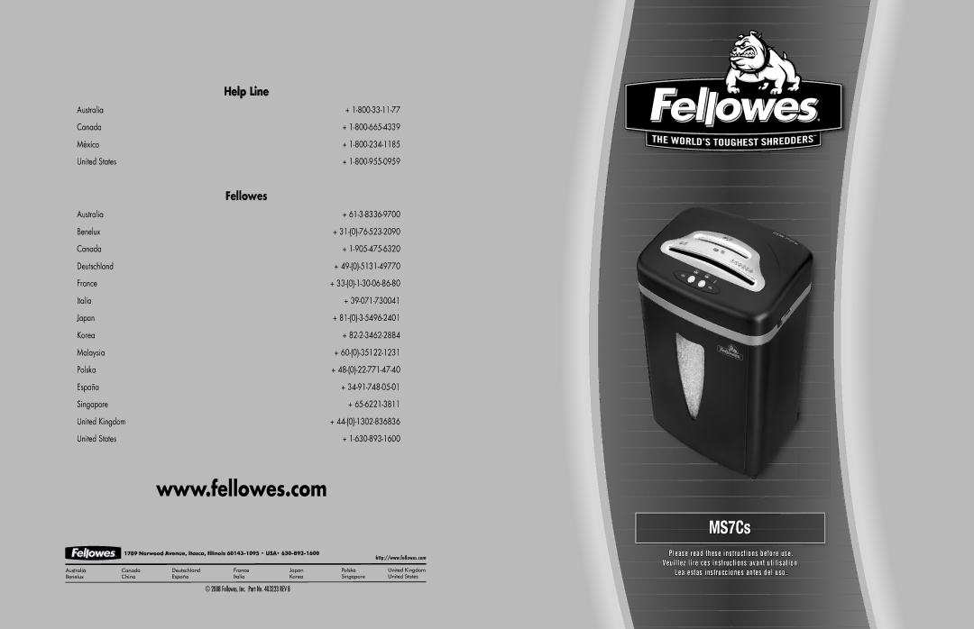 Fellowes MS7CS manual Fellowes, Australia Canada México United States 