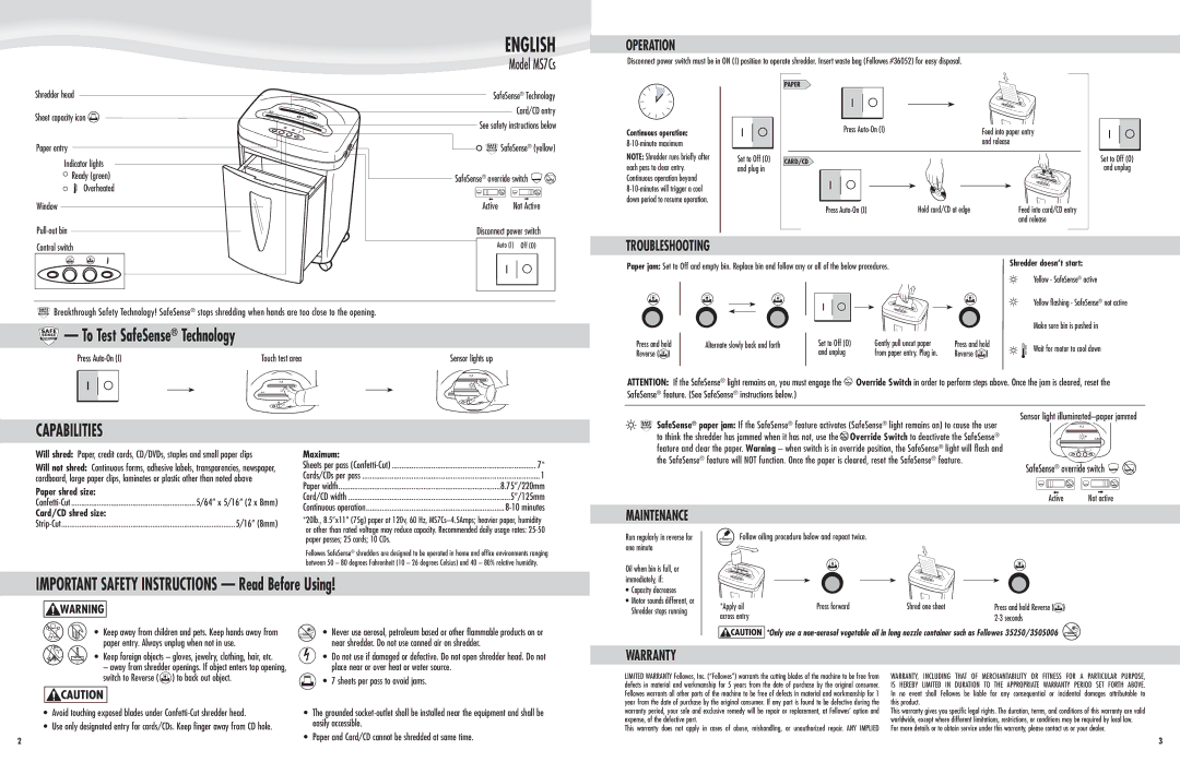 Fellowes MS7CS manual Operation, Troubleshooting, Maintenance, Warranty 